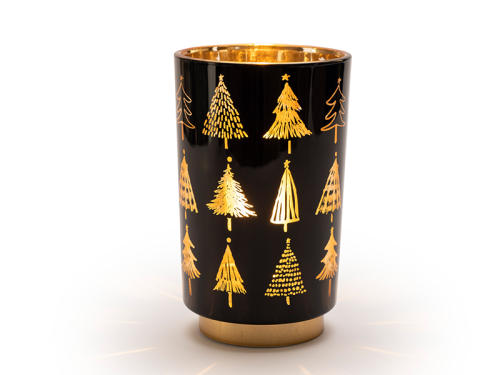 Batteriebetriebene Laterne "Tannenbäume" mittel | schwarz | H:20cm | d:12cm | warmweiß | IP20 | Batterie: 2xAAA exkl. |