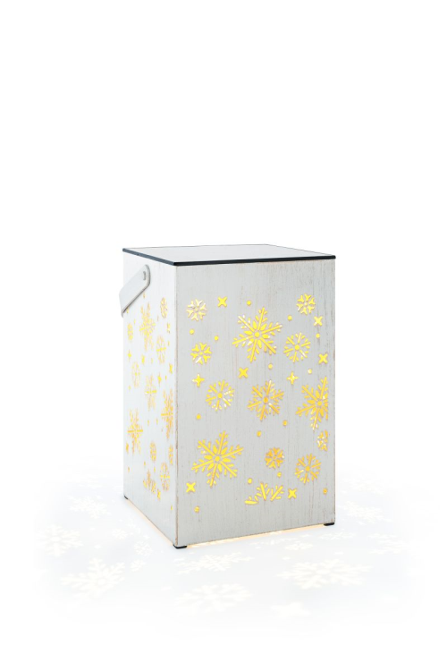 3D-Akku-Laterne Schneeflocke | Metall Weiß/Gold | Akku 2000mAh | wiederaufladbar mit USB | HxBxL: 24,5x15x15cm | 1 LED | warmweiß | IP44 | Timer: 6h an, 18h aus |