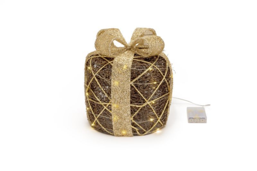 Batteriebetriebenes Rattan-Geschenkspaket | braun/gold | HxB: 30x25cm | warmweiß | IP20 | inkl. Timer: 6h on/18h off | Batterie: 3xAA exkl. |