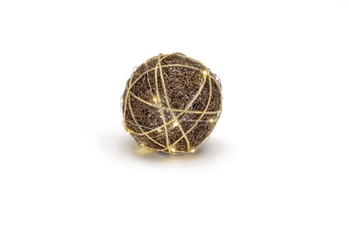 Batteriebetriebene Rattan-Kugel | braun/gold | D: 15cm | warmweiß | IP20 | inkl. Timer: 6h on/18h off | Batterie: 3xAA exkl. |
