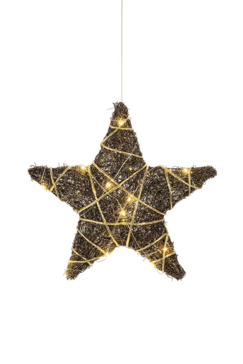 Batteriebetriebener Rattan-Stern | braun/gold | DxT: 30x8cm | warmweiß | IP20 | inkl. Timer: 6h on/18h off | Batterie: 3xAA exkl. |