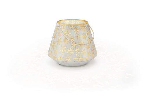 Akkubetriebene Metall-Laterne Flake 23 | weiß-gold | HxD: 23x26cm | warmweiß | IP44 | inkl. Timer: 6h on/18h off | Batterie: 2x4000mAh AKKU ICR 18650 inkl. | USB-C |