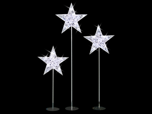 2D-Standmotive "Genval" Silber | Sterne 3er Set | 180 LEDs - davon 30 blinkend | 10W | 24V | H: 140,185 und 230cm | Sternendurchmesser: 70cm | kaltweiß | inkl. Netzteil & Standfüße | IP44